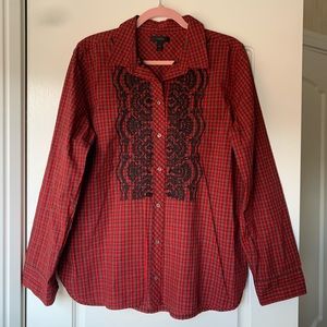 SOLD - J. Crew Red Embroidered Button Down Blouse